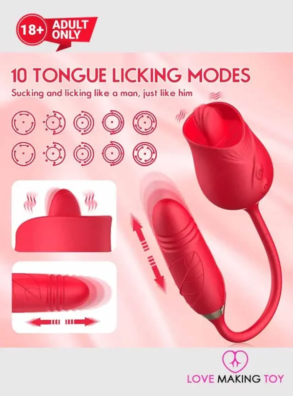 Rose Sex Stimulator Tongue Licking with 10 Modes Thrusting Anal Butt Plug-2-lovemakingtoy.com
