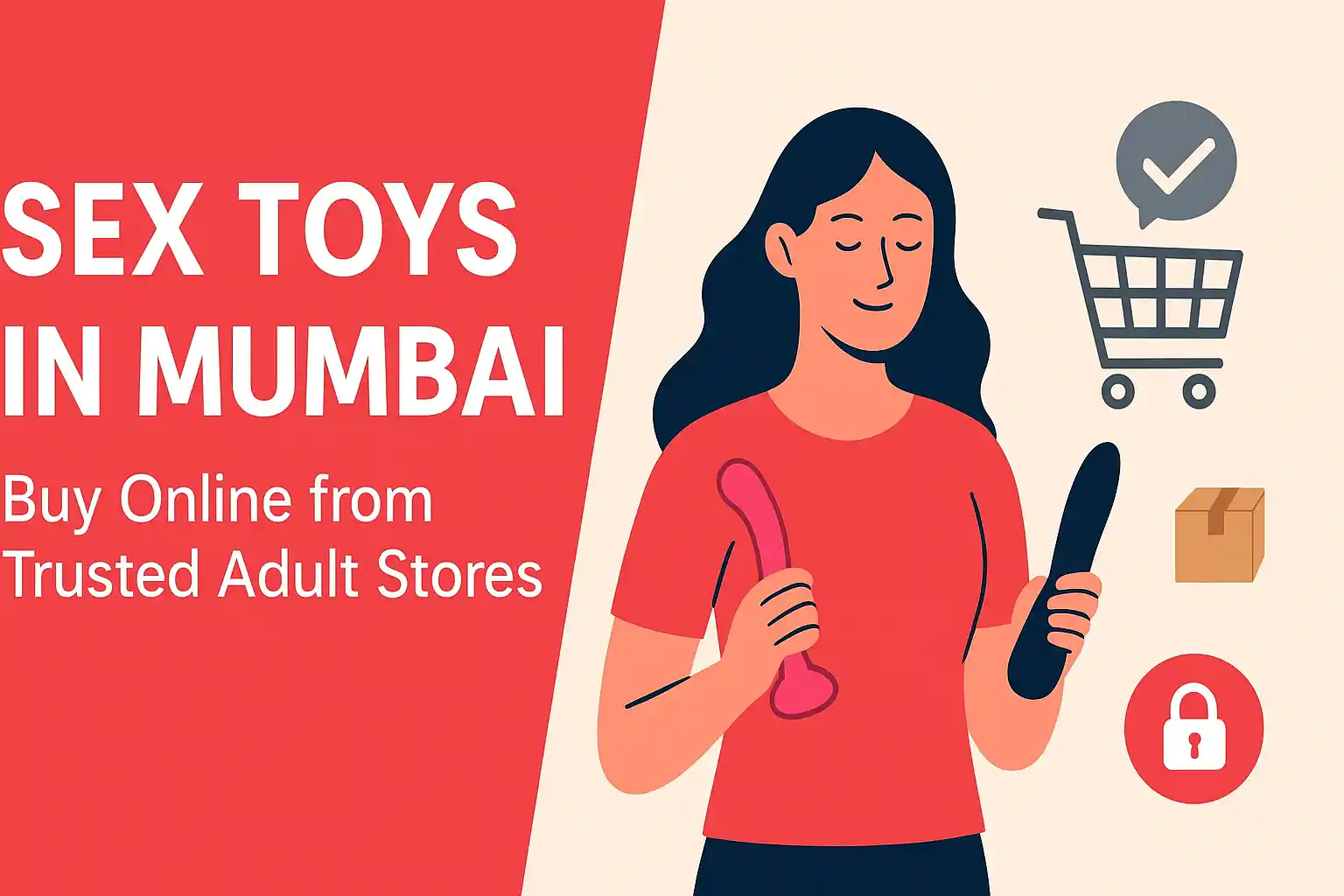 Promotional banner showing a woman holding sex toys with shopping icons, highlighting trusted adult stores to buy sex toys in Mumbai online.
