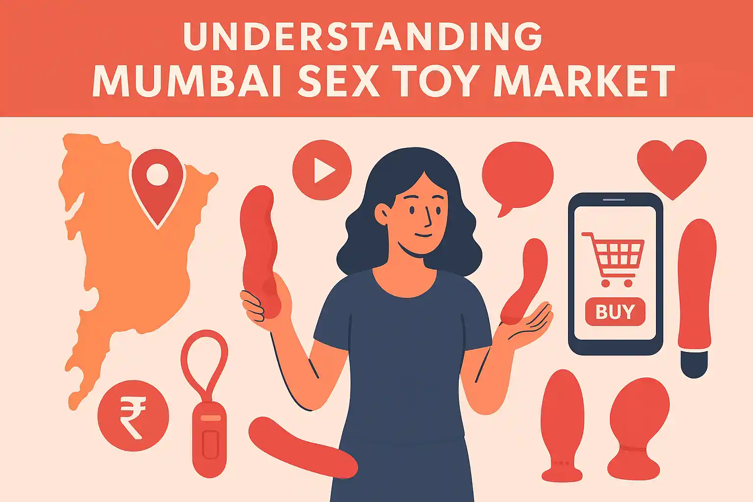 Infographic showing the Mumbai sex toy market with a woman holding toys, a map of Mumbai, shopping cart, and discreet online shopping elements.